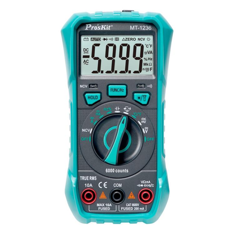 ProsKit MT-1236-C 3-5/6 True-RMS Digital Multimeter For ACA, ACV, DCA, DCV, Frequency, Cycle Duty, Diode Test ProsKit MT-1236-C 3-5/6 True-RMS Digital Multimeter For ACA, ACV, DCA, DCV, Frequency, Cycle Duty, Diode Test